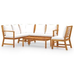 5 Piece Patio Lounge Set with Cushion Cream Solid Acacia Wood (Color: Brown)